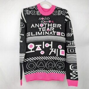Squid Games Ugly Sweater Another Year Eliminated Pink Trim Black XS Gamer Knit‎